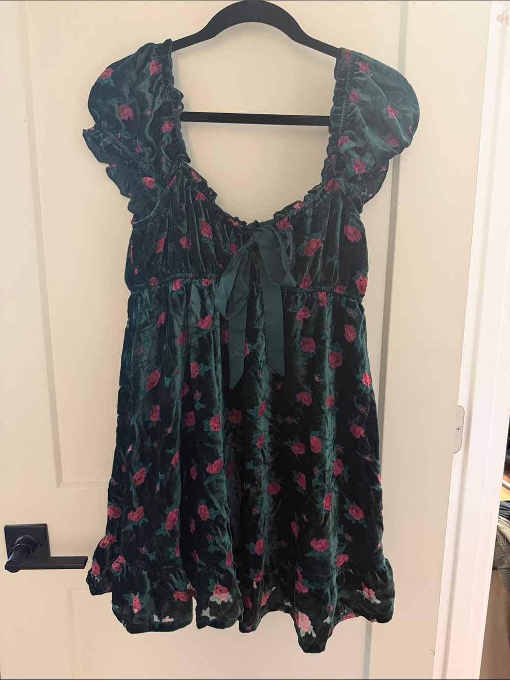 Altar'd State Emerald Green Velvet Mini Dress with Pink Rose Accents